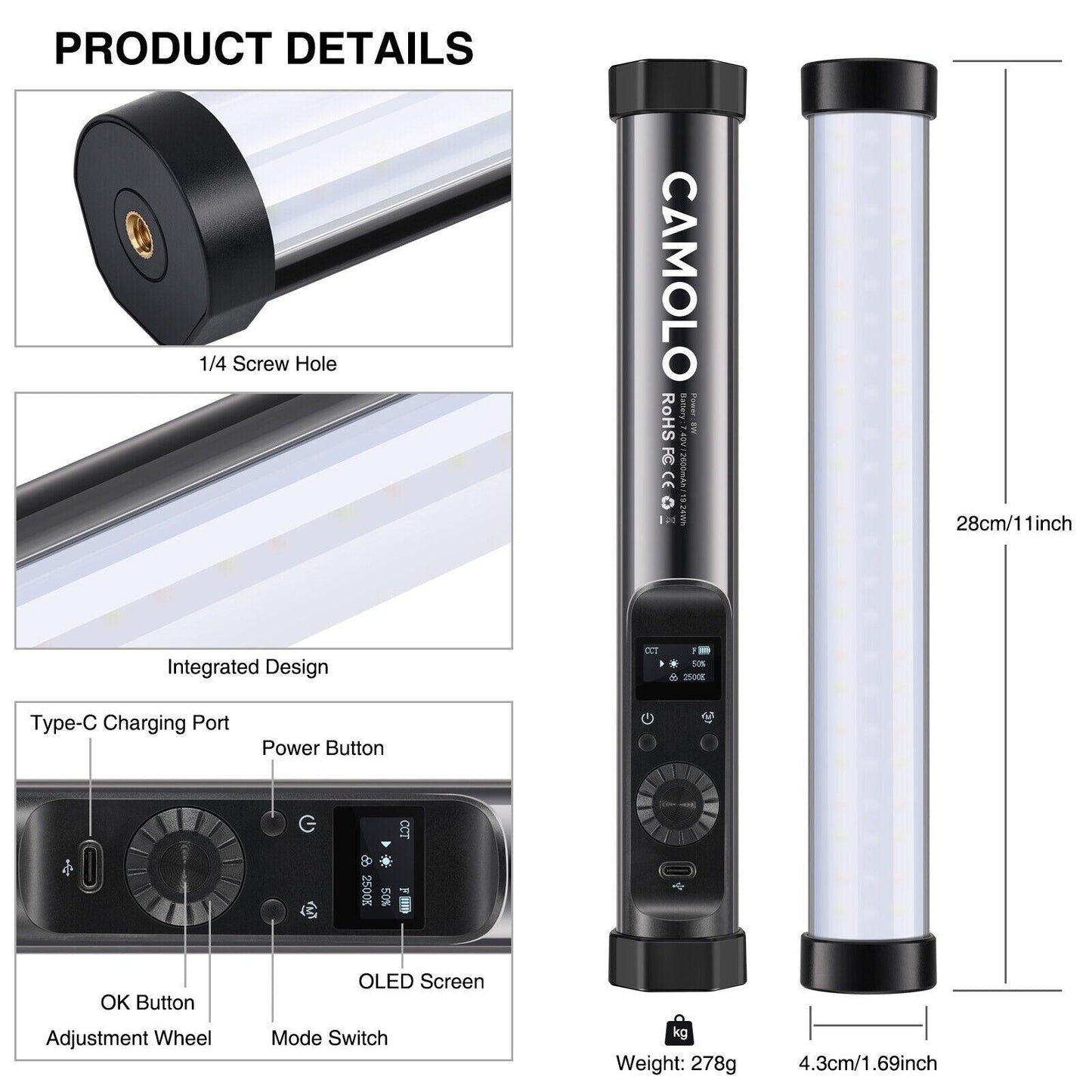 CAMOLO 206RGB Small Tube Light 28CM Bluetooth App Control