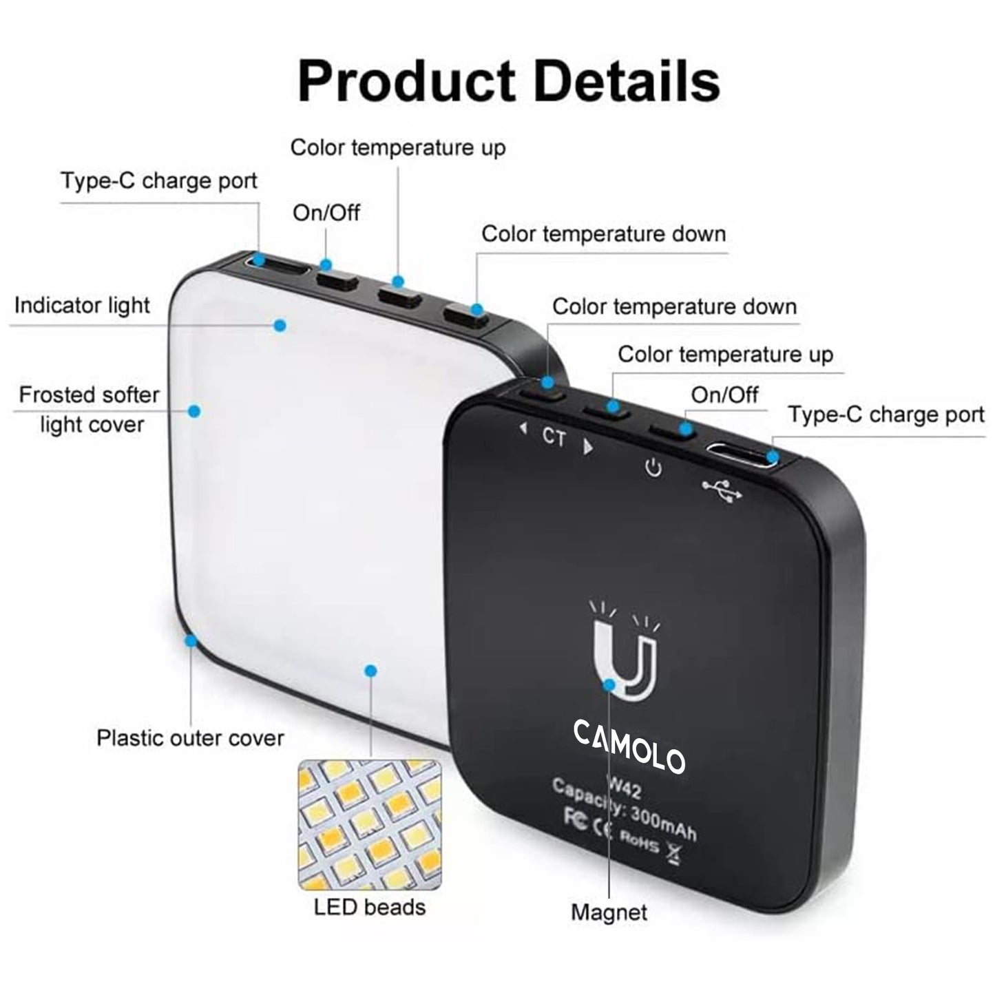 CAMOLO W42 Dual Color Magnetic Small Square Selfie Light