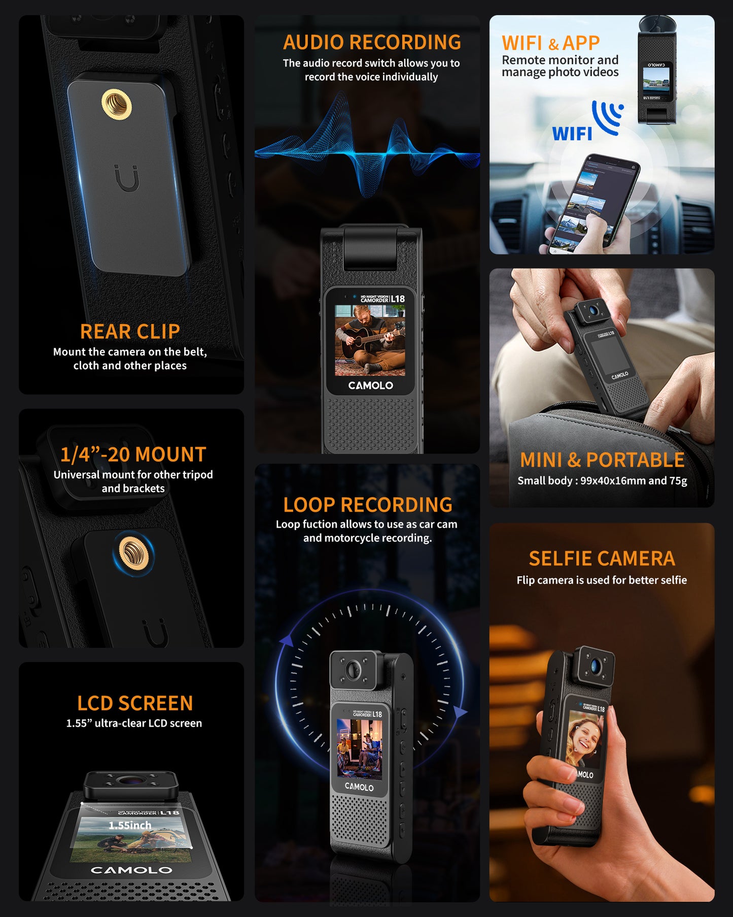 CAMOLO NT-L18WIFI Full HD Video Camera Body Camera Flip Lens 1.55” LCD Screen Night Vision