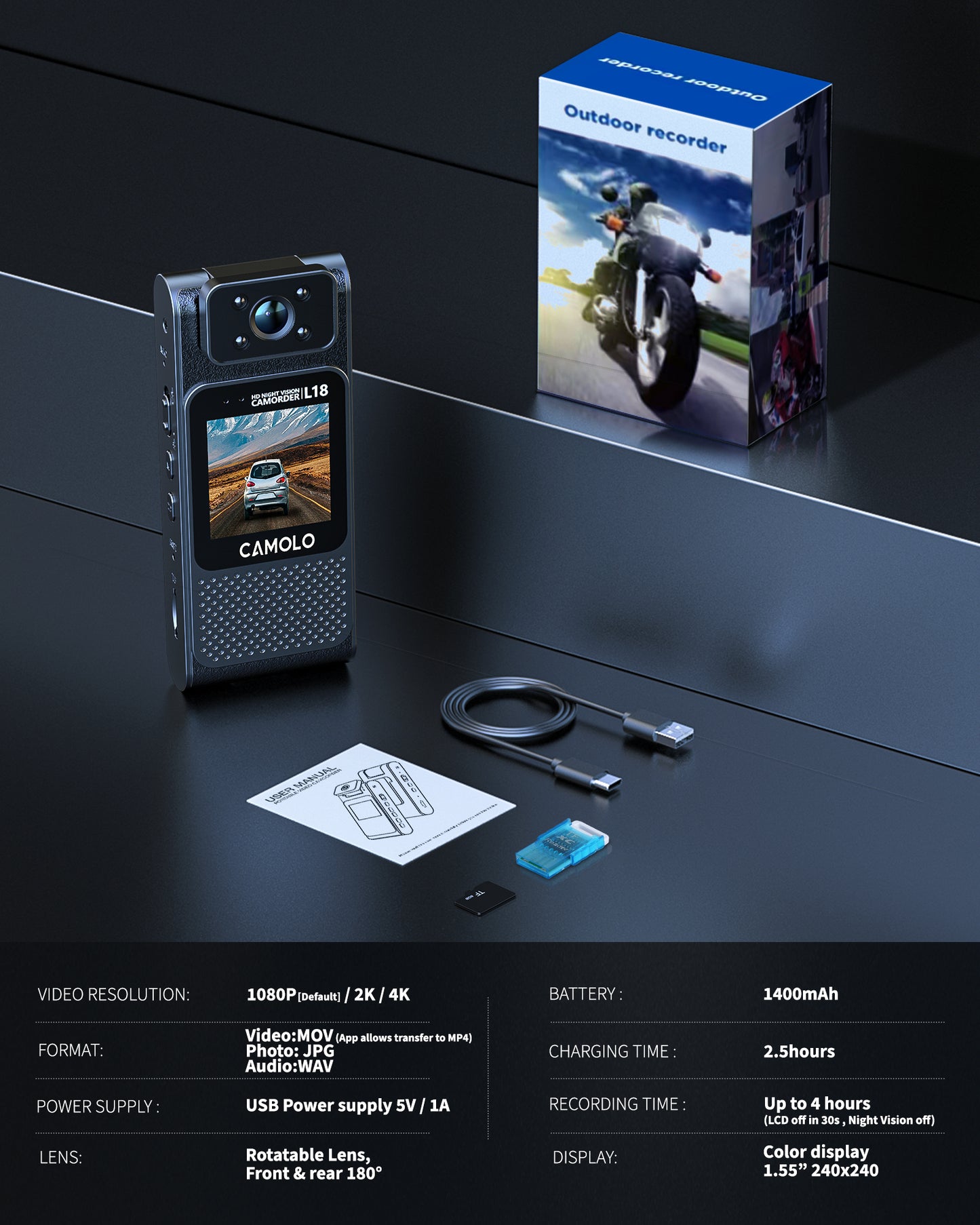 CAMOLO NT-L18WIFI Full HD Video Camera Body Camera Flip Lens 1.55” LCD Screen Night Vision