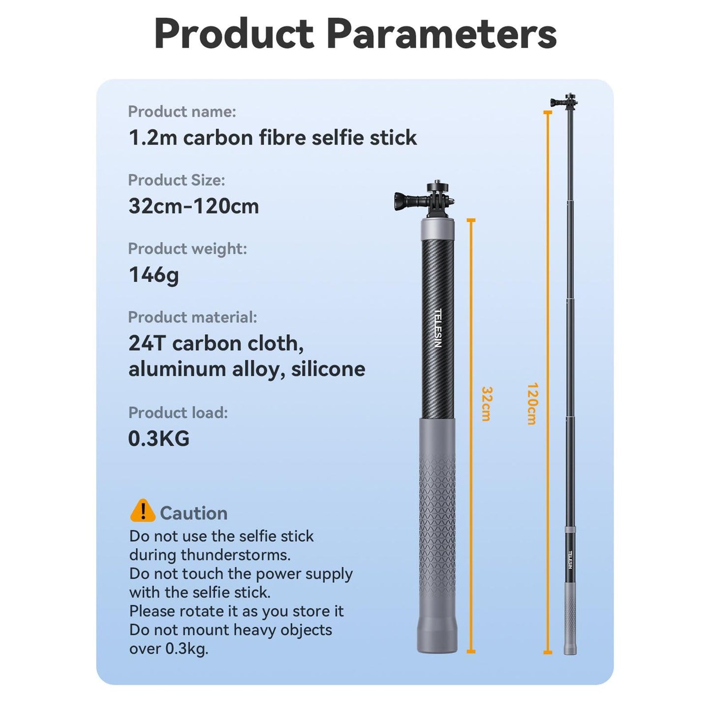 TELESIN 2nd Generation 1.2m Eccentric Tube Carbon Fiber Selfie Stick GP-MNP-002