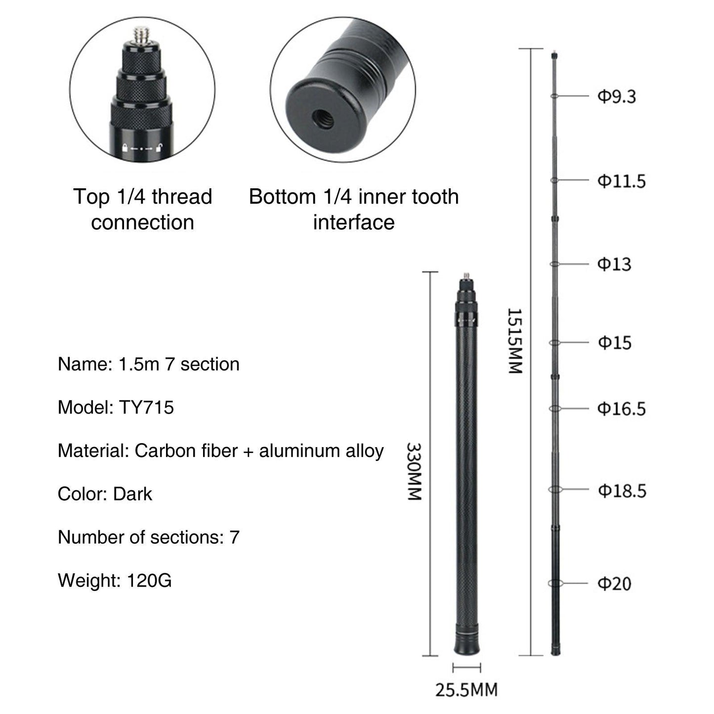 Carbon Fiber Nine Sections (290cm) For Insta360 Invisible Selfie Stick