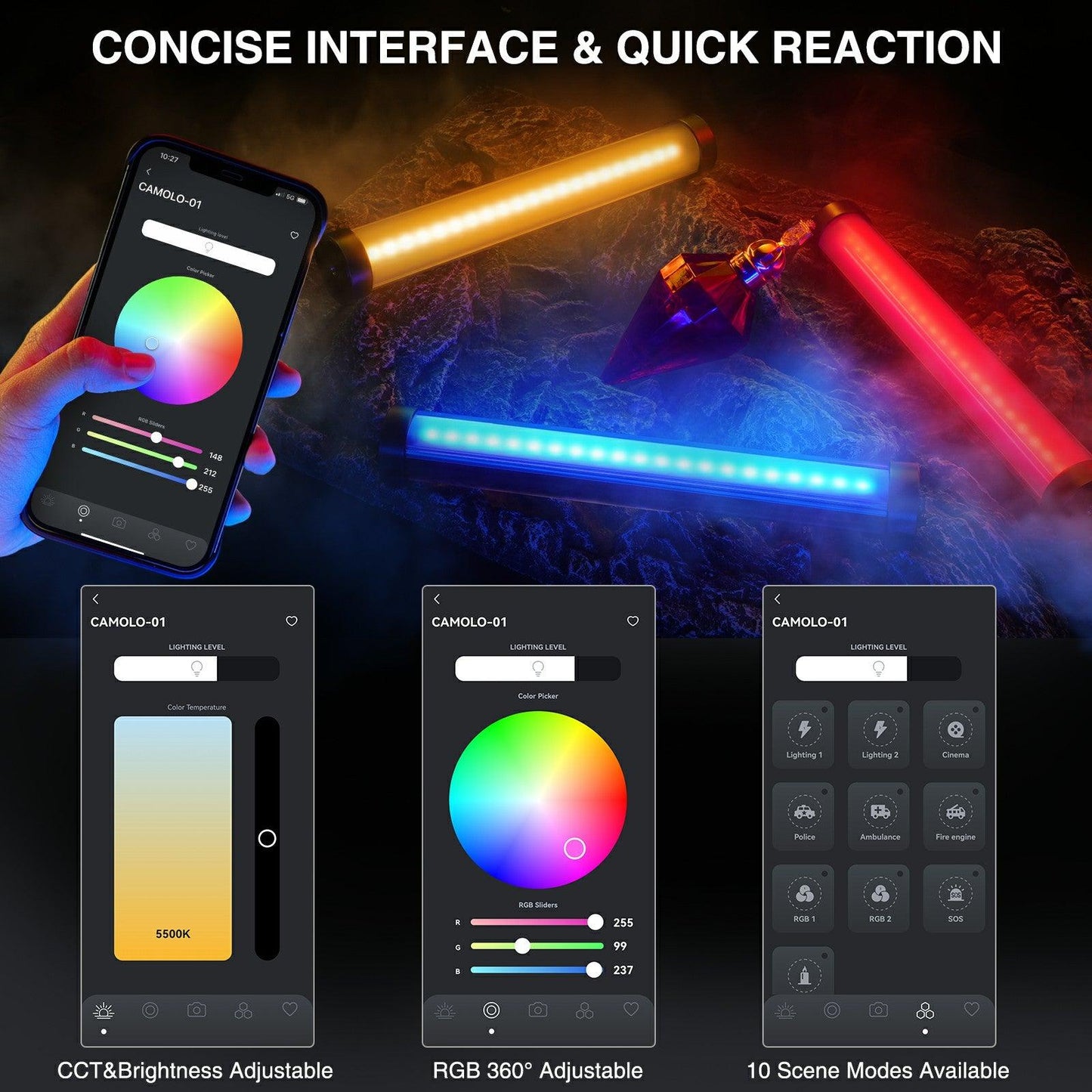 CAMOLO 206RGB Small Tube Light 28CM Bluetooth App Control