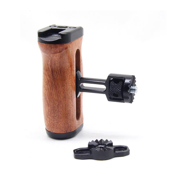 Wooden Handle Grip w/ Cold Shoe Mic LED Adapter for Sony Canon Nikon Camera Cage