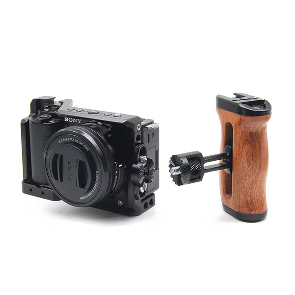 Wooden Handle Grip w/ Cold Shoe Mic LED Adapter for Sony Canon Nikon Camera Cage