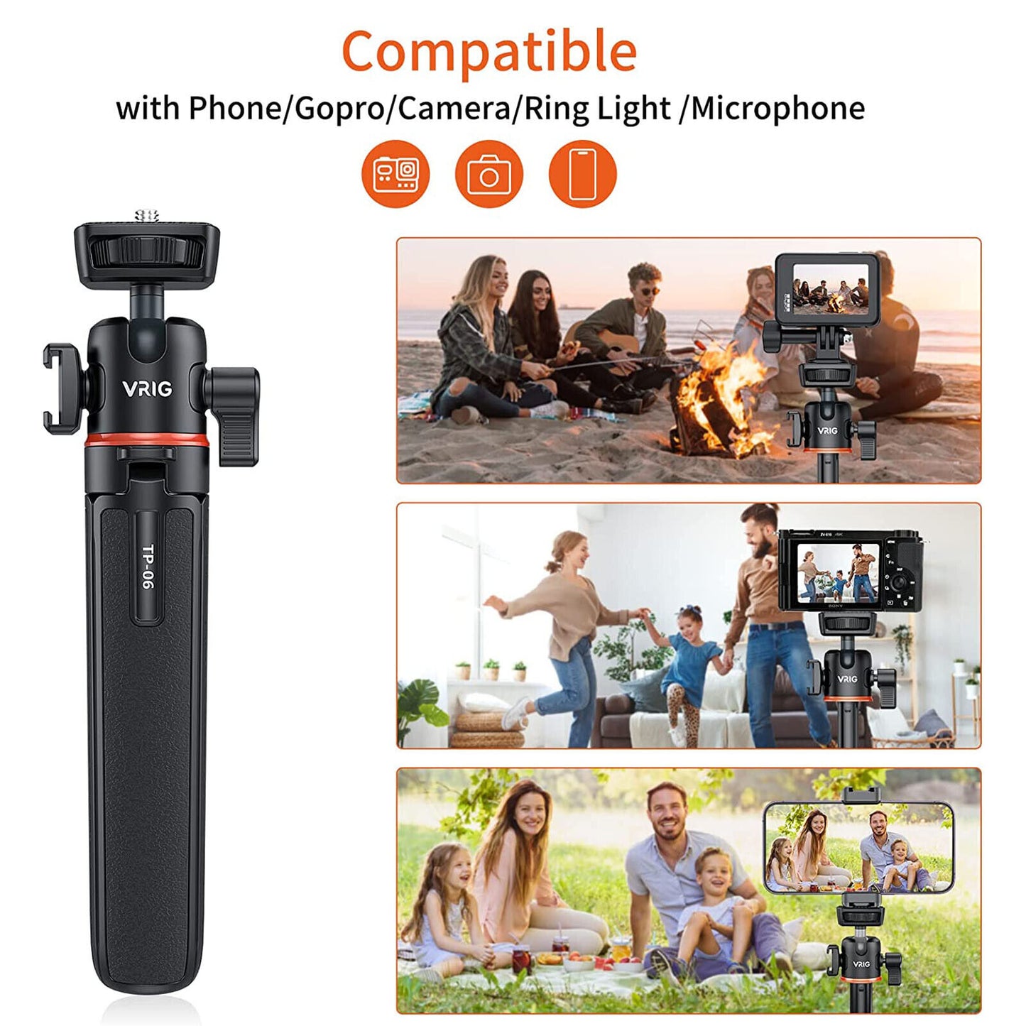 VRIG TP-06 Shooting Four-section Extendable Pan Head Stable Extendable Tripod Phone Camera