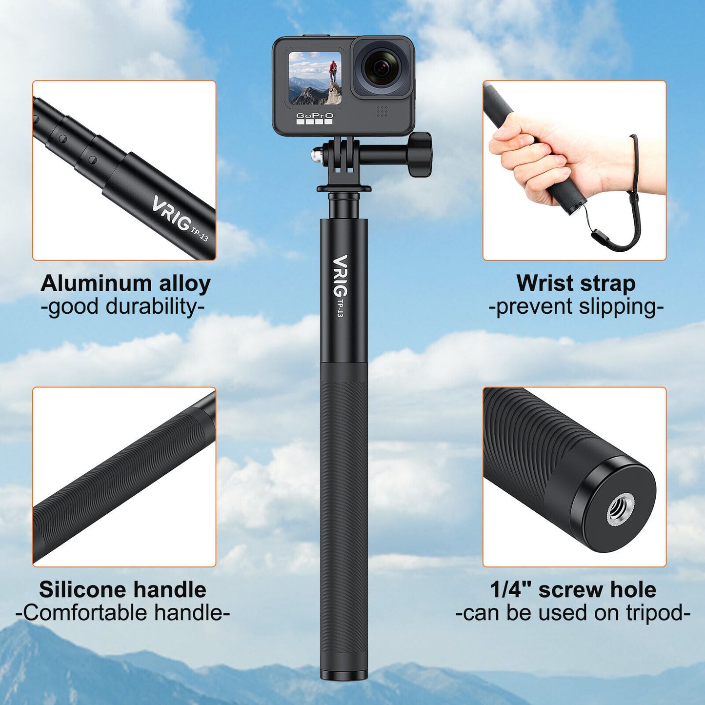 VRIG TP-13 Portable Action Camera 1.3m Selfie Stick Extendable